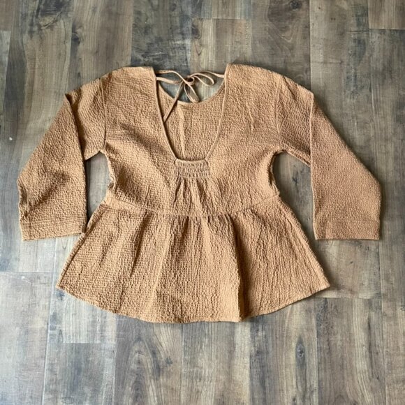 Madewell Brown Crinkled Peplum Blouse XS Long Sleeve Textured Tie-Back Top - Picture 6 of 9